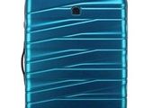 the suitcase is blue and has a black handle