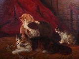 un tableau représentant un chat et deux chatons dans une pièce