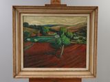 an oil painting of a field with trees and hills in the background