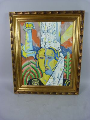 a painting of a woman holding a knife in front of a vase