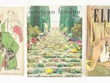 three vintage fashion books are lined up on a white surface