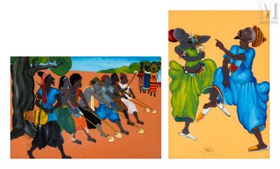 two paintings of african women and a man in a blue dress and a woman in a green dress