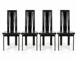 four black dining chairs with black leather seats and a white background