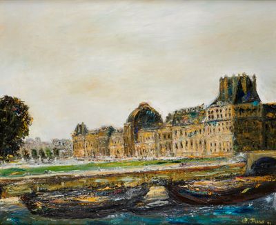 une peinture à l'huile représentant une scène fluviale avec des bateaux au premier plan et un bâtiment à l'arrière-plan