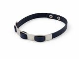 a close up of a black leather bracelet with a metal clasp