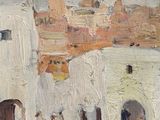 une peinture à l'huile représentant des personnes marchant devant un bâtiment blanc