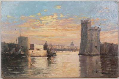 painting of a painting of a castle on the water with boats in the foreground