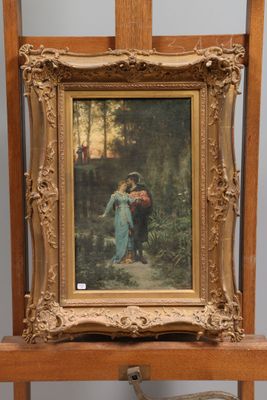 painting of a woman in a blue dress on a wooden easel