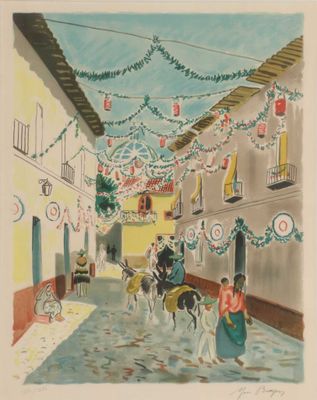 tableau représentant une scène de rue avec une calèche et des personnages