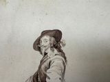 drawing of a man in a hat and dress with a cane