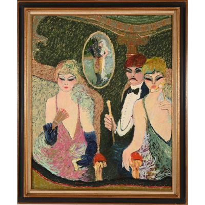 an image of a painting of two women sitting in front of a mirror