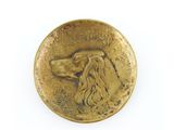 a close up of a gold coin with a dog on it