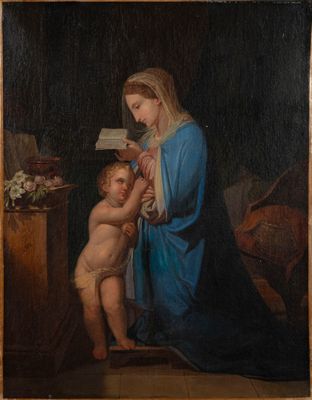 une peinture à l'huile représentant une femme tenant un enfant sur ses genoux