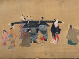 a painting of a group of people riding on a boat