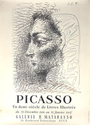 dessin représentant le profil d'un homme, sur lequel figure l'inscription « picassoo »