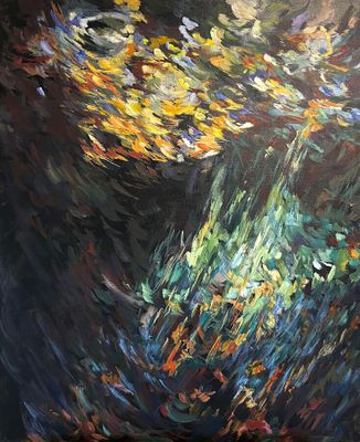une peinture à l'huile représentant des nénuphars dans un étang