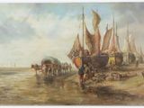 a painting of a group of people on a beach