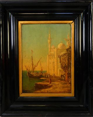 peinture d'un bateau sur un plan d'eau avec un bâtiment en arrière-plan