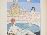 un vieux livre avec une image représentant deux femmes assises dans une piscine