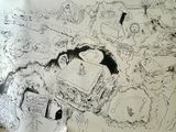 un dessin sur le mur d'une salle de bains avec des toilettes et un lavabo