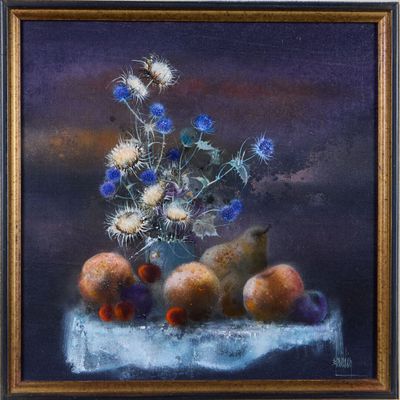 painting of a still life of flowers and fruit on a table