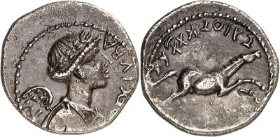 a silver coin with an image of a woman and a horse on it