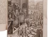 an open book with a drawing of a man standing in front of a crowd of people