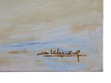 an oil painting of a bird flying over a body of water