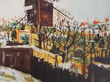 painting of a windmill on a snowy day in a town