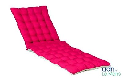 pink chaise lounger cushion with white piping on top of it