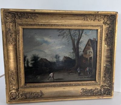 une vieille peinture représentant une scène de village avec un homme et un chien près d'une maison