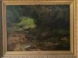 an image of a painting of a stream in a wooded area