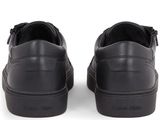 black leather sneakers with zippers on the side and a white background