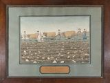 tableau représentant un groupe d'hommes labourant un champ avec des bœufs