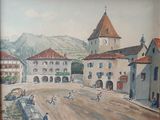 a painting of a town with a clock tower in the background