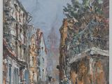 an oil painting of a street scene with buildings and a horse drawn carriage