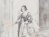 drawing of a woman sitting on the steps of a building