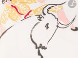an image of a drawing of a bull with a man riding on it