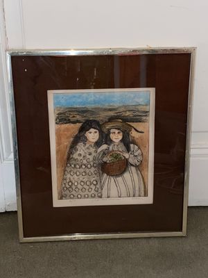 tableau représentant deux femmes avec des paniers de fleurs devant une porte blanche