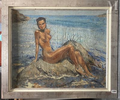 un tableau représentant une femme assise sur un rocher au bord de l'eau