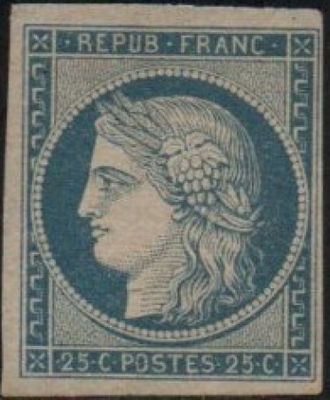 a blue and white stamp with a woman ' s face on it