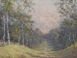 painting of a landscape with trees and a river in the foreground