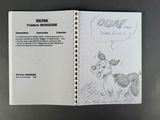 an open book with a drawing of a cow and a speech bubble