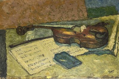 a painting of a violin and music sheets on a table