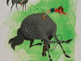 un dessin représentant une jeune fille à cheval et un homme à cheval