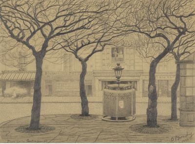 a drawing of a fountain in the middle of a park