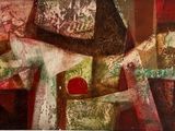 abstract painting of a man with a cross on a red background
