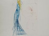 l'image d'un dessin représentant une femme en robe bleue