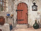 a painting of a red door in a white building