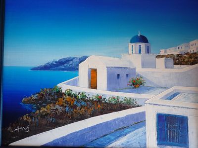 une peinture à l'huile représentant un bâtiment blanc surmonté d'un dôme bleu